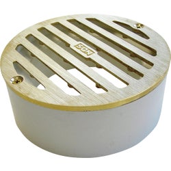Item 428477, 3 In. round solid brass grate and screws with PVC collar.