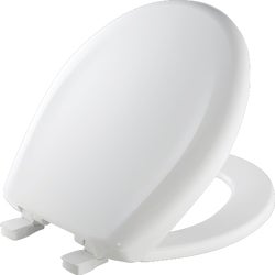 Item 438154, This elongated plastic toilet seat features the STA-TITE Seat Fastening 