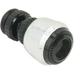 Item 446093, Black faucet aerator with chrome band. Swivel style. Plastic.