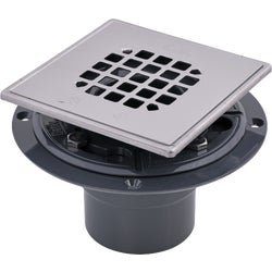 Item 454993, PVC shower drain with snap-tite square top stainless steel strainer for 