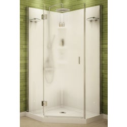 Item 464893, White frameless glass shower enclosure.