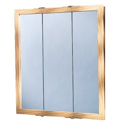 Item 496197, Oak framed mirror medicine cabinet is accessible with tri-view doors.
