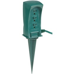Item 504948, Outdoor power stake includes 3 outlets with sliding safety covers. Green.