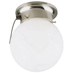 Item 516409, 1-light flush mount ceiling fixture with pull chain and round globe.