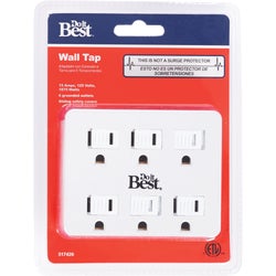 Item 517426, Wall tap outlet includes sliding safety covers and converts 2 outlets to 6 