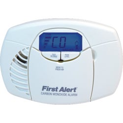 Item 520840, Battery-operated carbon monoxide alarm with backlit digital display.