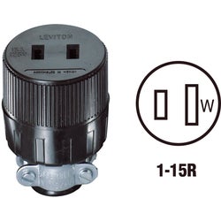 Item 521288, Vinyl round connector. Maximum cord diameter 0.437 In. 15A/125V. Black.