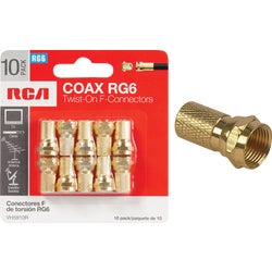 Item 523674, RG6 twist-on gold-plated F-connectors terminate coaxial cables for custom 
