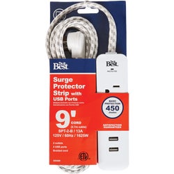 Item 555400, 2-standard outlet surge protector with 2-USB (Universal Serial Bus) 