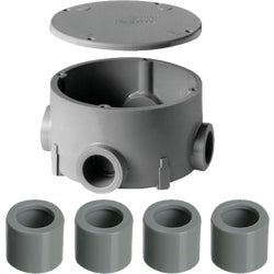 Item 561789, Non-metallic round junction box with cover and reducers.