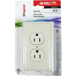 Item 562627, On-wall outlet box with matching duplex outlet and wall plate.