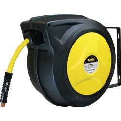 Item 570561, Enclosed air hose reel features impact resistant housing and guided returns