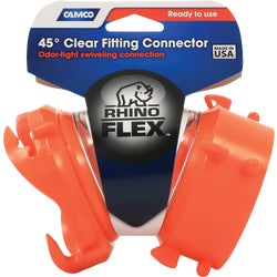 Item 570568, RhinoFLEX 45 degree clear sewer hose swivel fitting connector has a swivel 