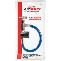 Item 571040, Certified A/C Pro R-134a Reusable Recharge Hose features a basic can tap 