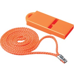 Item 573178, Orange plastic streamline whistle.