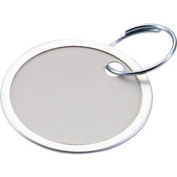 Item 574569, Sturdy anodized metal-rimmed white coated paper tags.