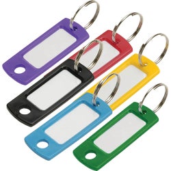 Item 582077, This flexible tag (2" x 7/8") features a 3/4" overlapping key ring.