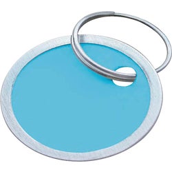 Item 584031, Sturdy metal-rimmed paper tags in assorted colors of blue, red, orange, 
