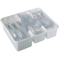 Item 600493, Clear full length cutlery comes in a reusable plastic caddy tray with lid.