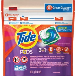 Item 601334, Tide Pods 3-in-1 detergent, stain remover, and color protector.