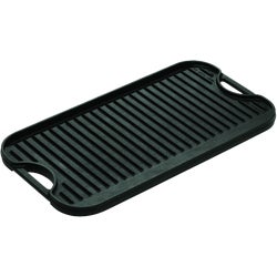 Item 601458, Pre-seasoned, reversible cast iron griddle/grill fits over both stove top 