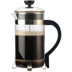 Item 601555, Borosilicate glass coffee press has stainless steel parts and is accented 
