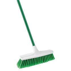 Item 601650, Smooth surface push broom has 7 rows of bristles that catch small dirt 