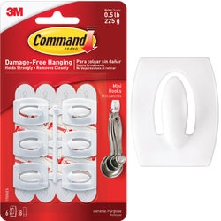 Item 601735, Command mini hooks hold strongly on a variety of surfaces such as paint, 