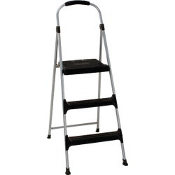 Item 601768, Lightweight 3-step stool has a tubular steel frame and black resin steps.