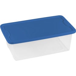 Item 601960, Clear base storage tote with a blue lid that snaps securely onto the base 