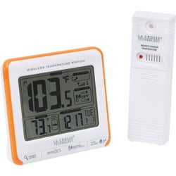 Item 602035, Indoor/outdoor temperature is displayed in large, easy-to-read digits.
