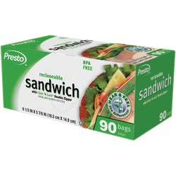 Item 602555, Reclosable Presto sandwich bag with Click 'N Lock double zipper. BPA-free.