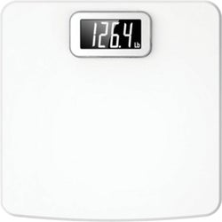 Item 602873, 11.8 In. square pure white platform scale with glass core. 3.21 In. W. x 1.