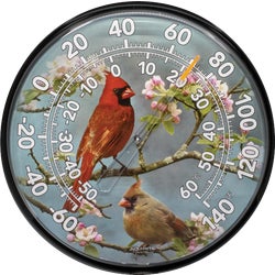 Item 603007, Cardinals Outdoor Thermometer has a plastic lens with moving coil needle