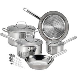 Item 603059, Stainless steel cookware set features the Techno Release raised pattern on 