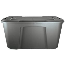 Item 604689, Durable plastic and stackable, with handle-grip areas on all 4 sides.