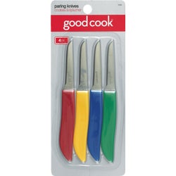 Item 616615, 4-piece quick paring knife set has sharp stainless steel blades with 