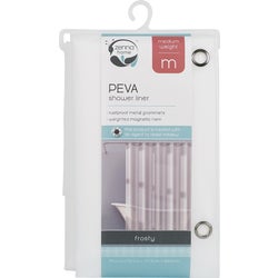 Item 616958, Medium weight PEVA shower curtain line features metal grommets for secure 
