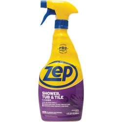 Item 619078, Zep acid-based bathroom cleaner removes soap scum and scale from shower, 