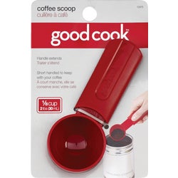 Item 620559, Red plastic coffee scoop perfectly measures 2 tablespoons with each scoop.