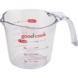 Item 622300, Goodcook clear measuring cup measures cups, ounces, and milliliters.