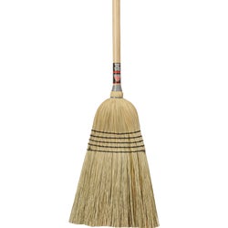 Item 623855, Janitor broom has 100% hurl corn bristles for sweeping fine particles.