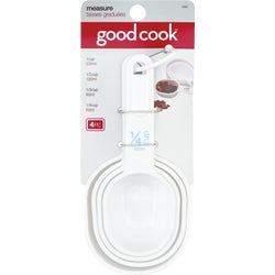 Item 626029, 4-piece white plastic measuring cup set includes: 1/4, 1/3, 1/2, and 1 cup
