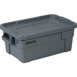 Item 627941, Brute storage tote with lid. Lid snaps tight, keeping contents secure.