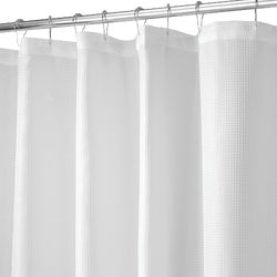 Item 633508, Quick dry, 100% polyester shower curtain with 12 reinforced button holes.