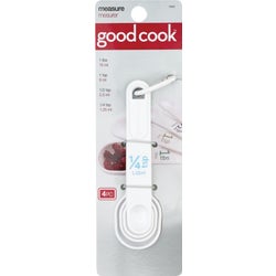 Item 635110, Goodcook 4-piece white plastic measuring spoon set includes: 1/4, 1/2, 1 