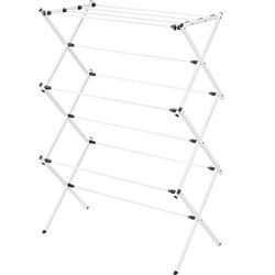 Item 635502, Whitmor Folding Drying Rack has a white epoxy coated frame and plastic 