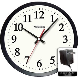 Item 638395, 14 In. black wall clock is battery or electric operated.