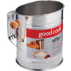 Item 645884, 3-cup tin sifter is durable bright plated steel with scoop edge and side 