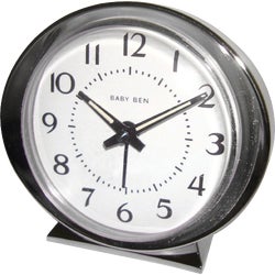 Item 650239, Baby Ben classic style alarm clock has battery operated quartz movement.